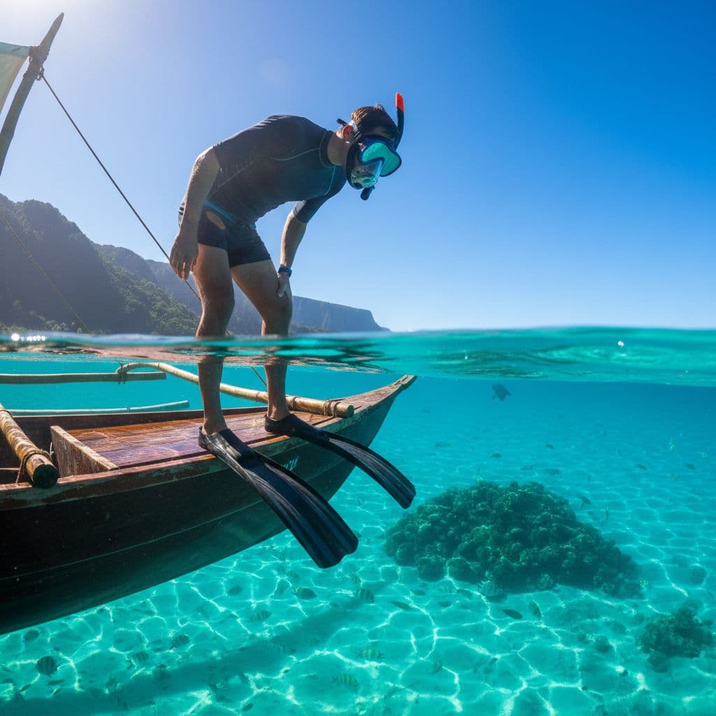 A person wearing a blue snorkeling mask and black swim fins balances on the deck of a boat. They gaze downward into the deep, transparent turquoise water of a sunlit tropical bay.
