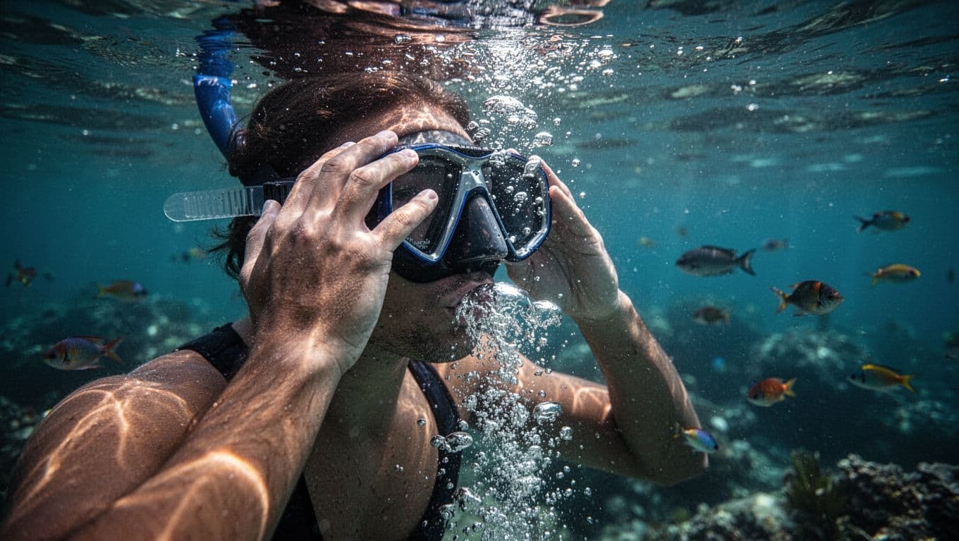 Hands press mask top while exhaling bubbles blast water from bottom, fish nearby in clear tropical water.