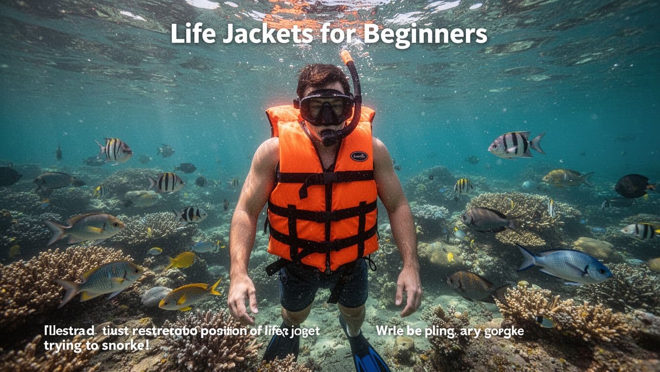 A snorkeler in a bulky orange life jacket floats upright in turquoise Oahu waters over a vibrant coral reef with tropical fish, head tilted down viewing underwater, illustrating restrictive position for beginners.