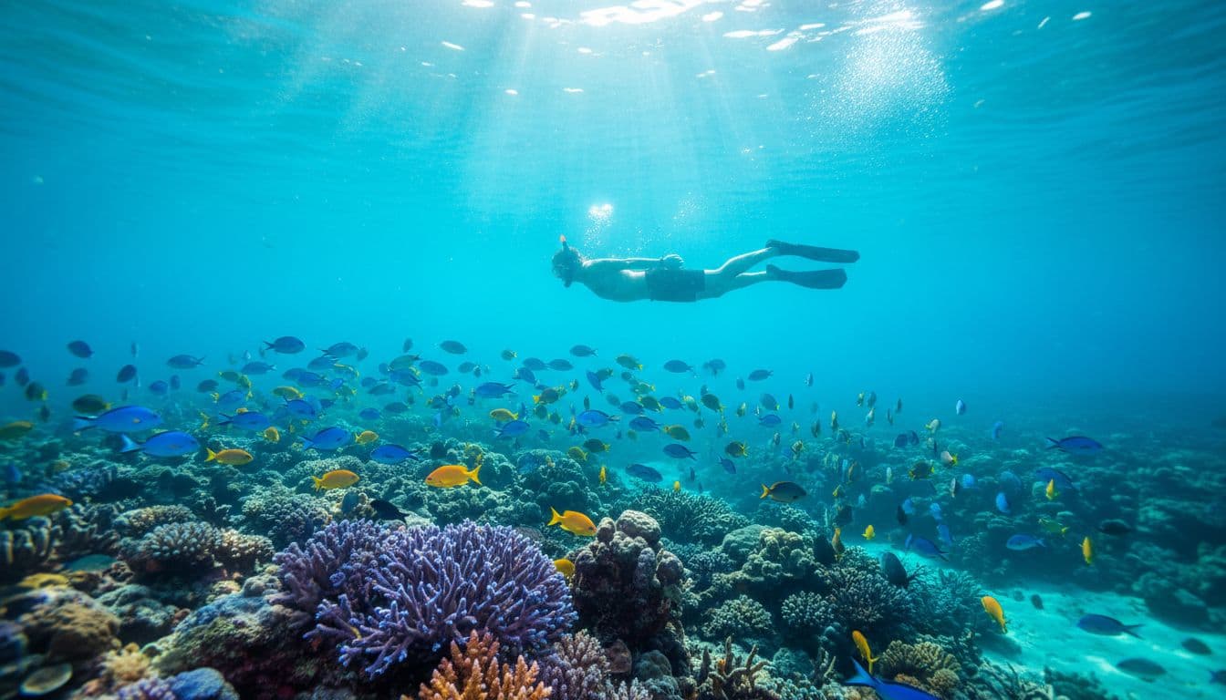 Snorkeler floats horizontally above coral reef in turquoise water with fish schools and sun rays.
