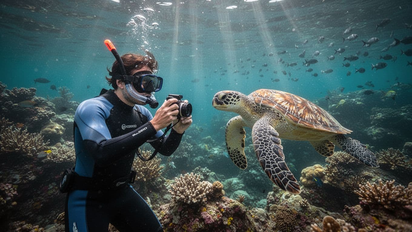Snorkeler in wetsuit holds compact camera at swimming Hawaiian green sea turtle amid turquoise water and coral reef.