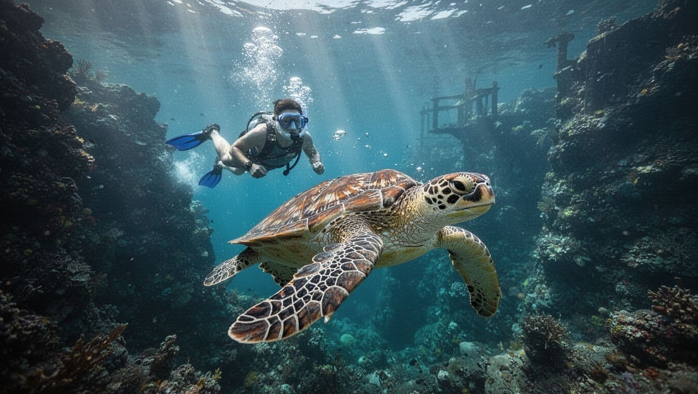 Dynamic underwater chase in Turtle Canyon, Waikiki, Hawaii: snorkeler propelling forward pursuing a fast-swimming Hawaiian green sea turtle glancing back nervously, with reef structures in distance and sunlight shafts piercing turquoise water in cinematic style.