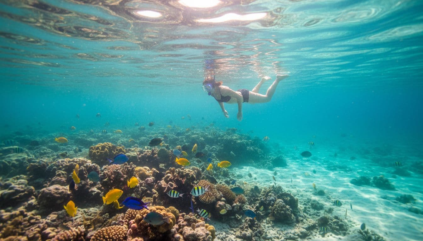 Snorkeler floats calmly on surface of crystal clear blue water, viewing tropical fish below with sunlight rays.
