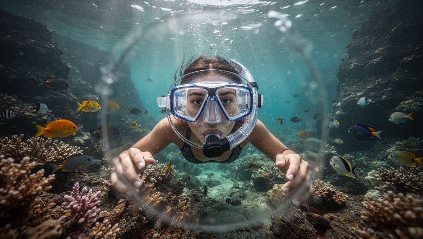 A snorkeler underwater in crystal-clear Kealakekua Bay, Hawaii, views vibrant coral reefs and tropical fish through a perfectly clear mask lens, contrasting with a foggy hint outside.