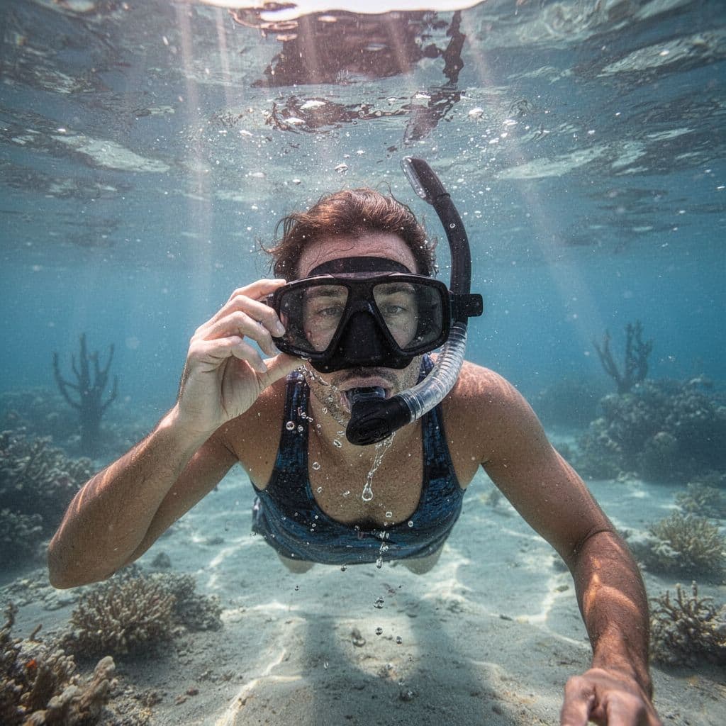 A calm snorkeler lifts their mask edge in clear blue water to release trapped water.