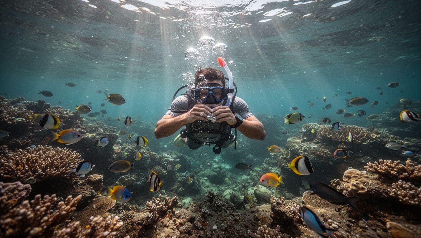 Snorkeler underwater clears flooded mask with bubbles amid vibrant coral, tropical fish, and sunlight rays from above.