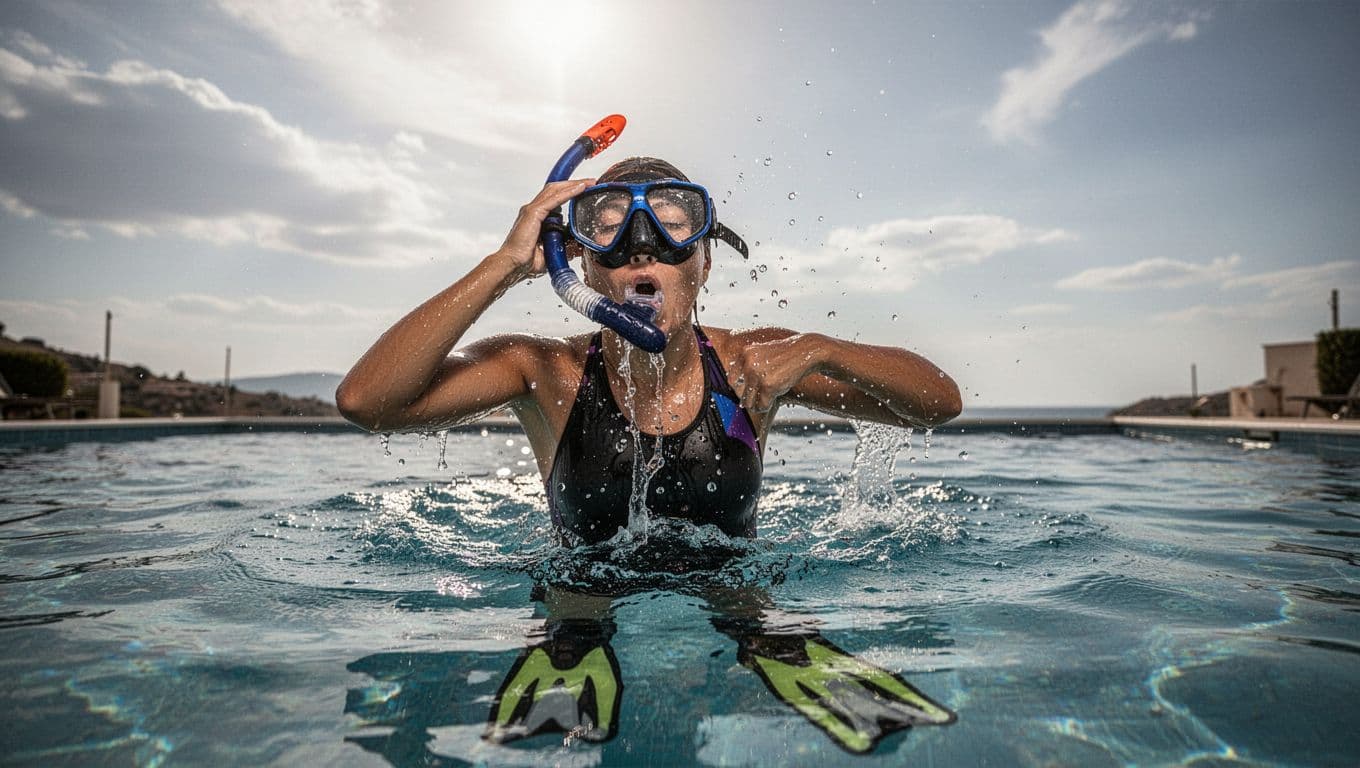Swimmer surfacing in a clear blue swimming pool, forcefully exhaling to clear water from snorkel, with mask on face, hand holding mask, and fins visible below in a sunny outdoor setting.