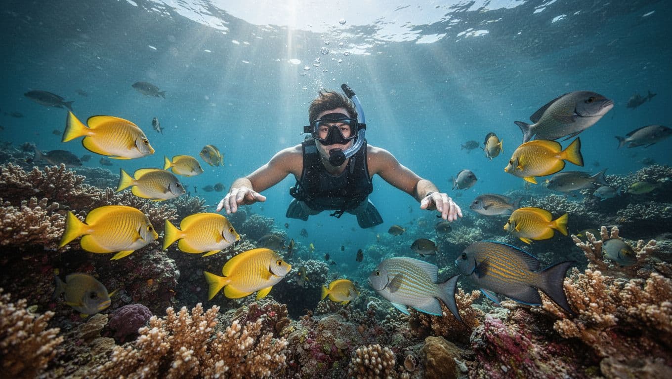 A snorkeler in a relaxed pose floats above a colorful coral reef teeming with tropical fish like yellow tangs and parrotfish in clear azure waters, with sunlight rays piercing from the surface in a cinematic underwater medium wide shot angled upward.