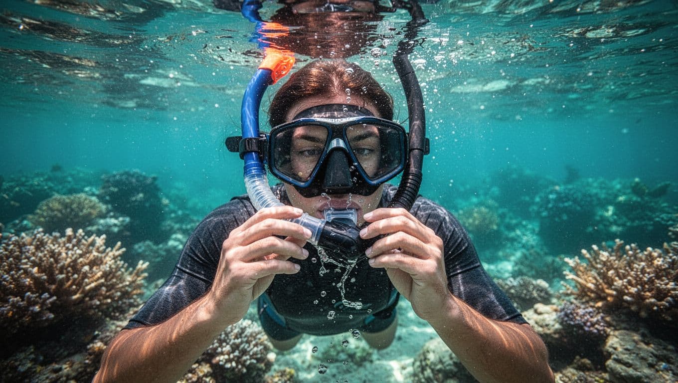 A snorkeler floats in crystal clear turquoise tropical water near a colorful coral reef.