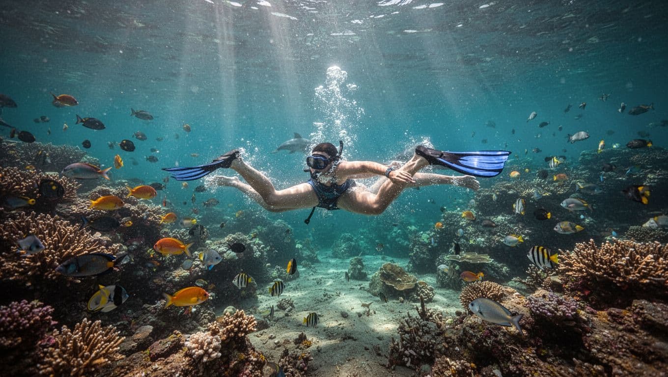 A snorkeler performs a smooth dolphin kick with undulating body motion in a vibrant Oahu coral reef, surrounded by colorful fish, highlighting efficient propulsion technique.