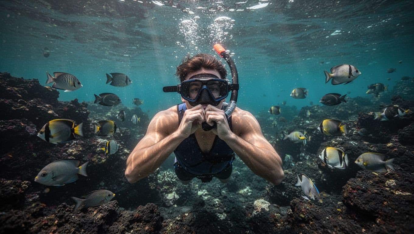 A solo snorkeler underwater in clear turquoise water near volcanic reefs of Big Island Hawaii, equalizing ears by pinching nose and gently blowing amid bubbles and tropical fish.