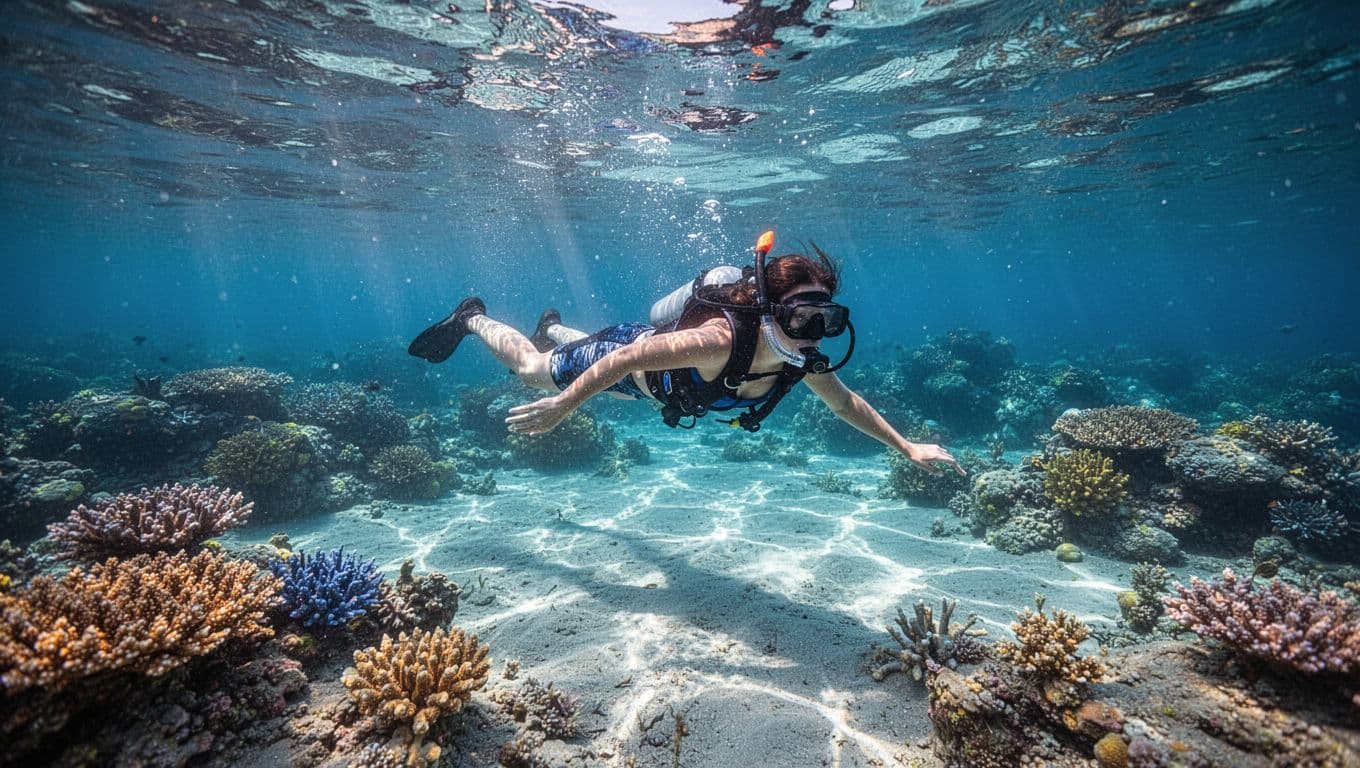 A lone snorkeler swims through clear turquoise water above a vibrant, sunlit coral reef.