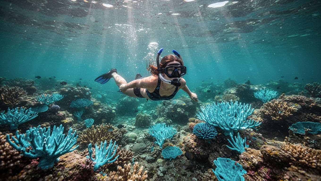 A snorkeler swims over a vibrant coral reef in clear blue tropical water.