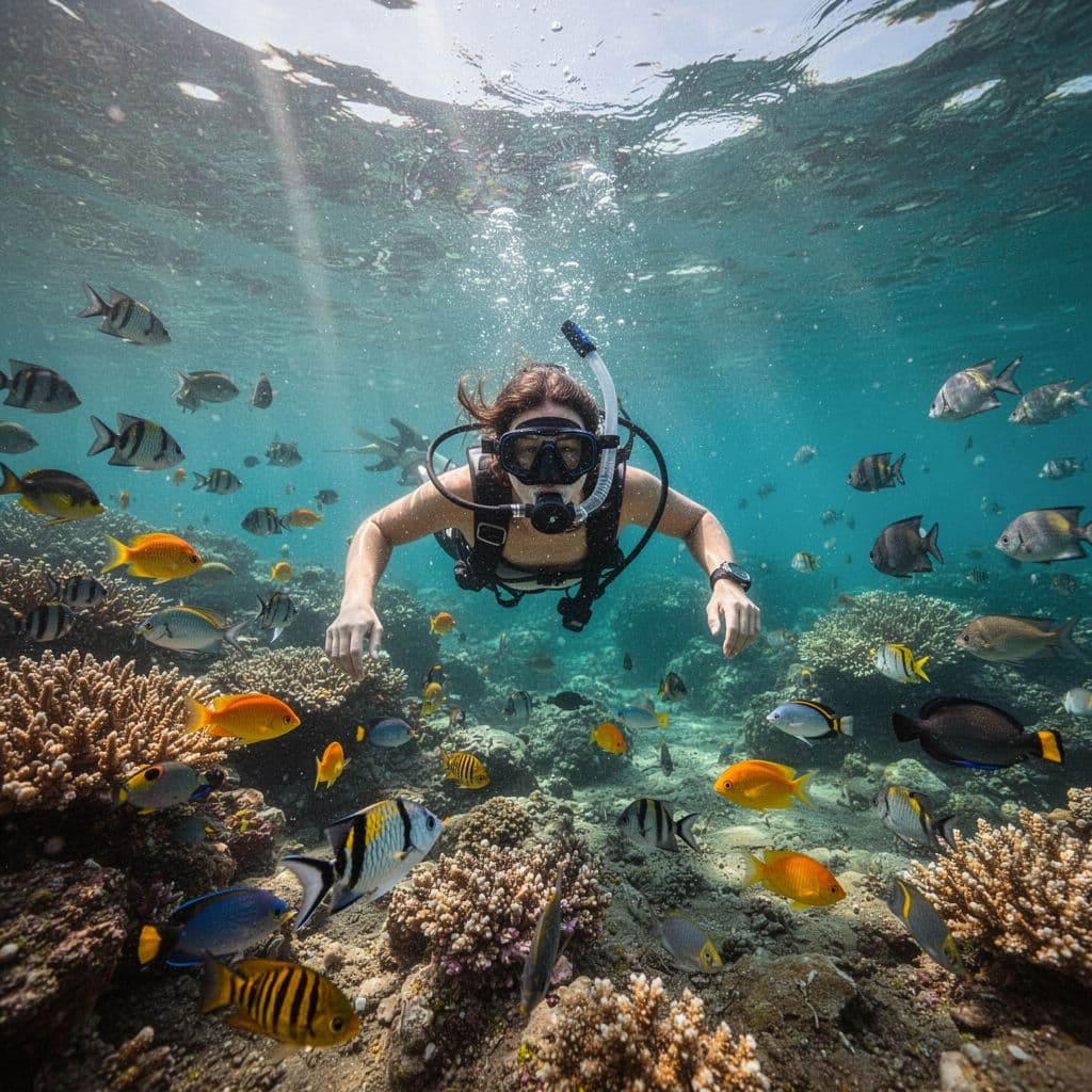 A snorkeler swims through clear water above a vibrant coral reef filled with colorful tropical fish.