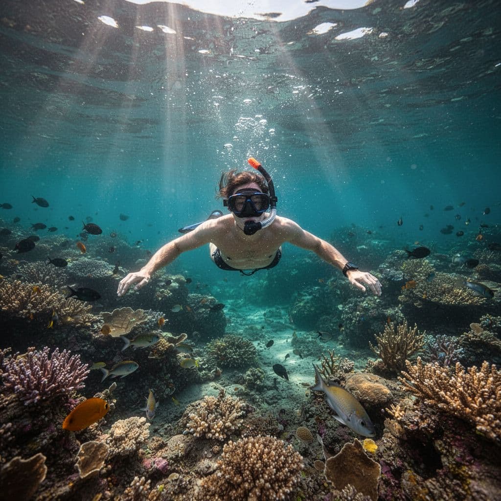 A person snorkels through clear turquoise water above a colorful coral reef illuminated by sunlight.