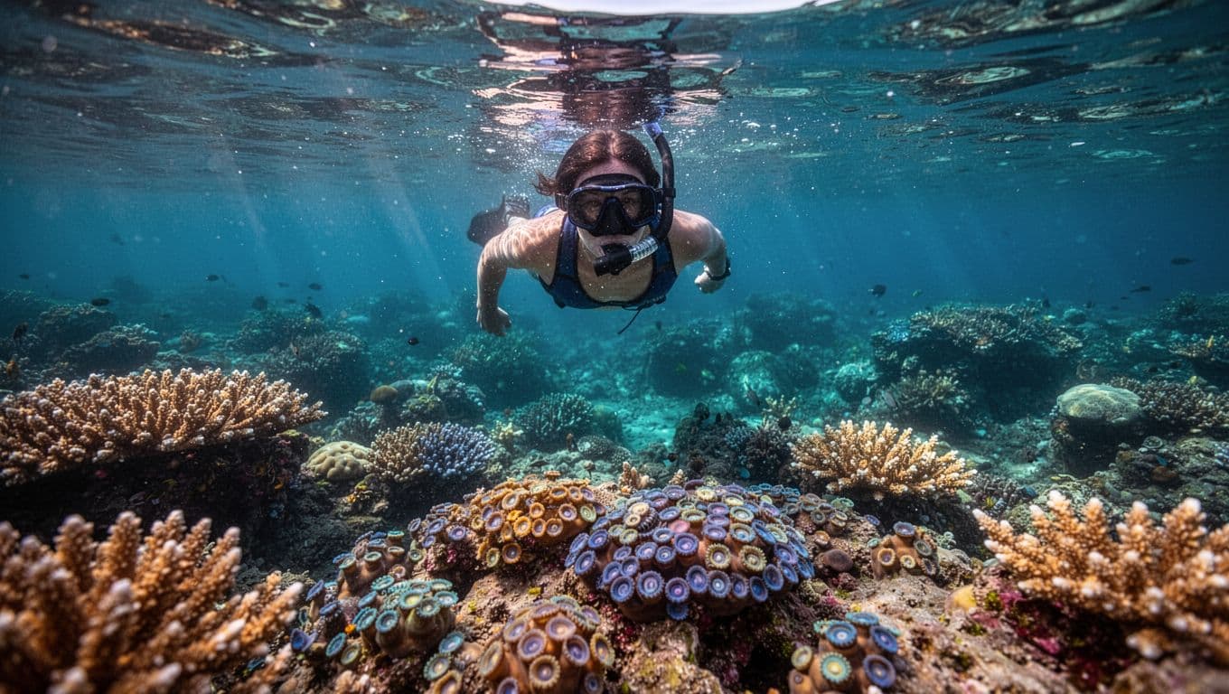 A person wearing a snorkel mask floats over a colorful coral reef in bright tropical waters. Golden sun rays penetrate the surface, illuminating schools of fish swimming near the sea floor.