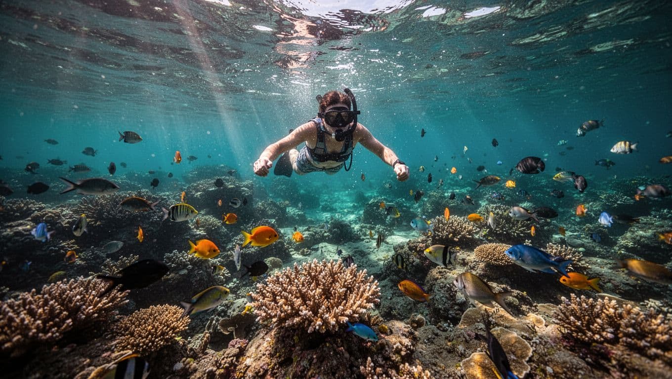 A snorkeler floats in vibrant turquoise water above a sprawling coral reef filled with diverse, colorful fish. Sunlight filters through the clear surface, casting deep shadows across the textured ocean floor.
