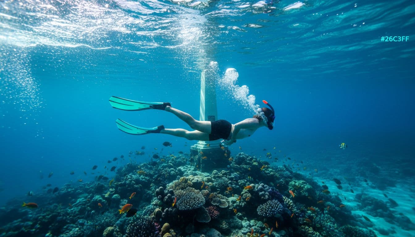 Snorkeler glides underwater with proper fin kick near Captain Cook monument amid coral reef and tropical fish in turquoise water.