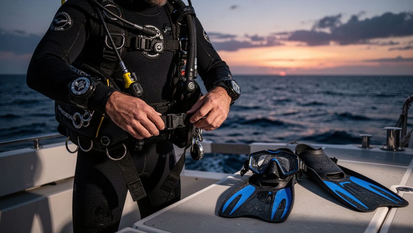 Close-up of person fitting buoyancy compensator on boat deck at dusk, mask and fins nearby, ocean horizon visible.