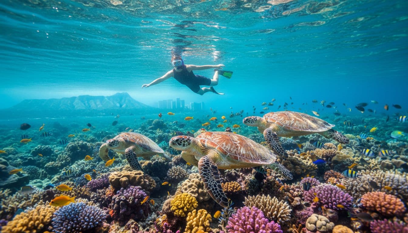A relaxed snorkeler floats above Hawaiian green sea turtles at a vibrant coral reef in clear turquoise water, with schooling tropical fish nearby and faint Waikiki coastline in the background. Dynamic underwater angled composition in cinematic style with strong contrast, depth, and dramatic lighting.