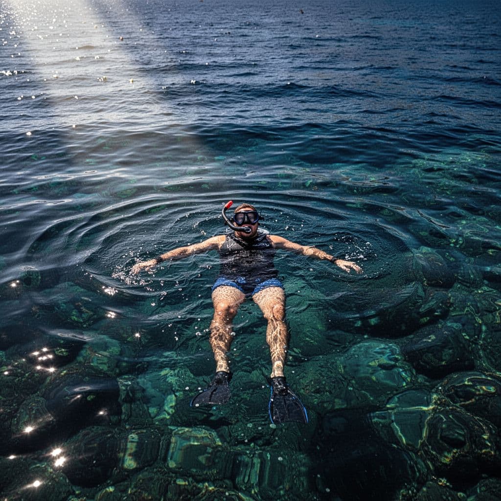 A lone snorkeler floats peacefully on the surface of deep, transparent blue Hawaiian ocean water.
