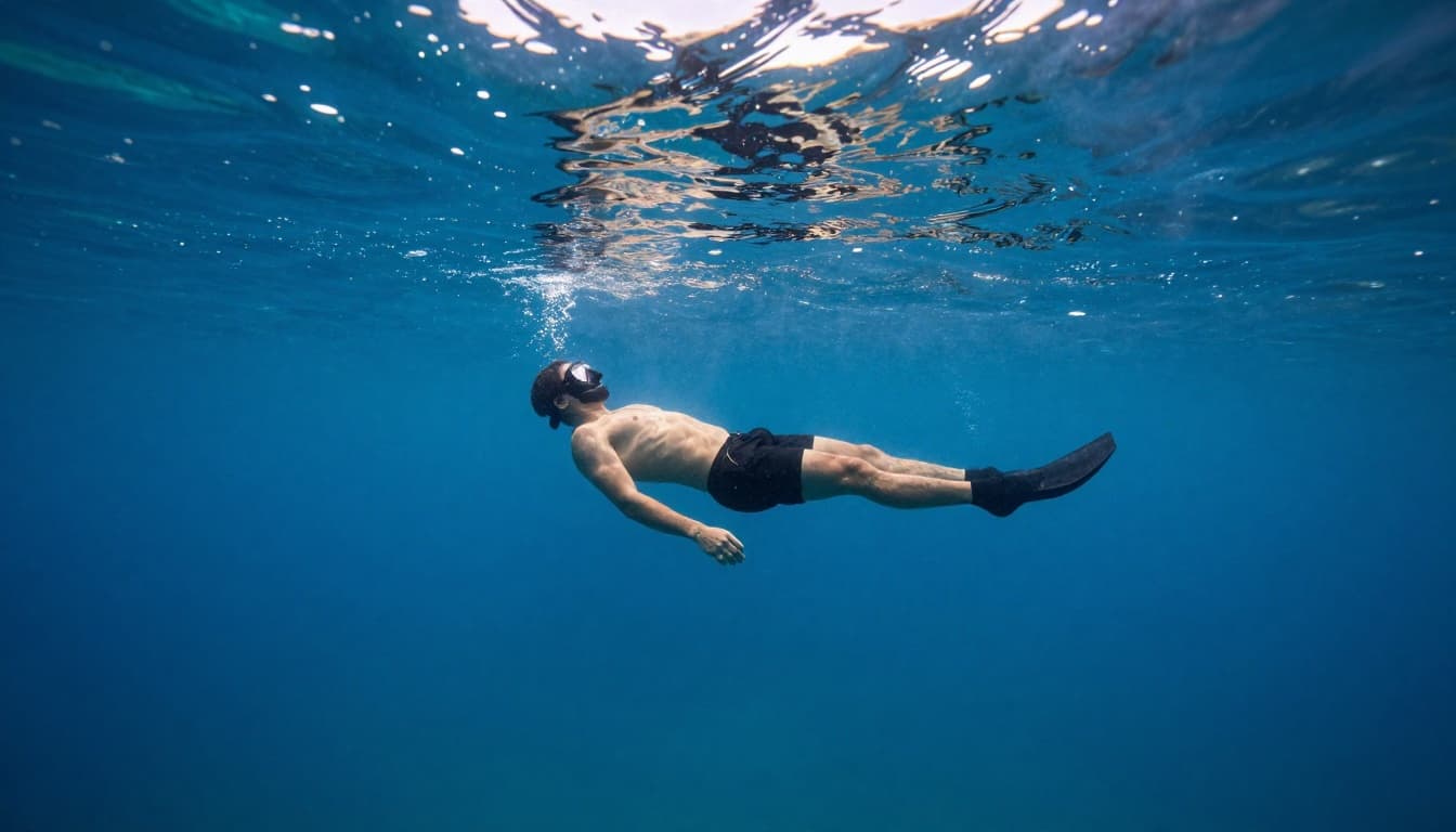 A person floats in clear Hawaiian water while sunbeams filter through the surface above.