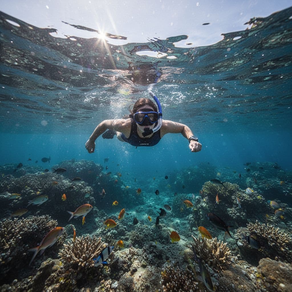 A snorkeler floats on the surface of crystal clear water with sun glare reflecting off the waves.