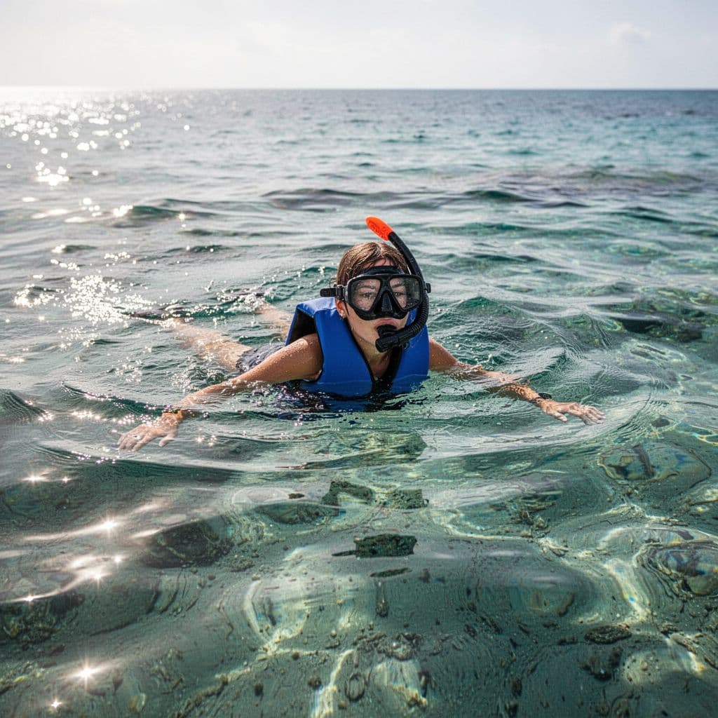 A person drifts peacefully in crystal clear tropical ocean water while wearing a bright blue buoyancy vest and black snorkeling mask. Soft sunlight highlights the swimmer against the deep blue depth.