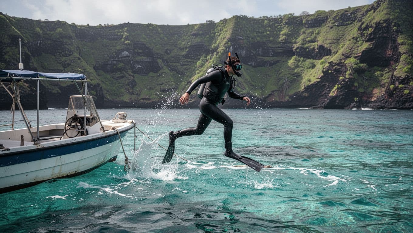 Fit snorkeler in black wetsuit and fins giant strides off small anchored boat into turquoise ocean with green volcanic cliffs behind, splashing water.