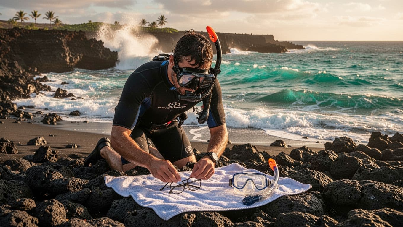A single snorkeler on a black lava rock beach in Big Island, Hawaii, places glasses on a towel beside a prescription snorkel mask, with turquoise ocean waves and volcanic coastline in cinematic golden hour light.