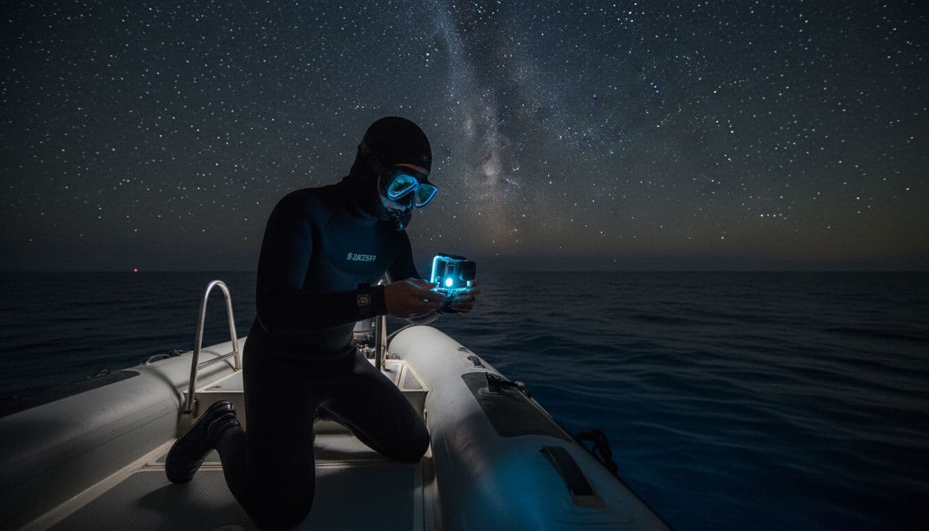 Snorkeler in wetsuit attaches GoPro to mask before boat launch under starry sky over calm ocean.