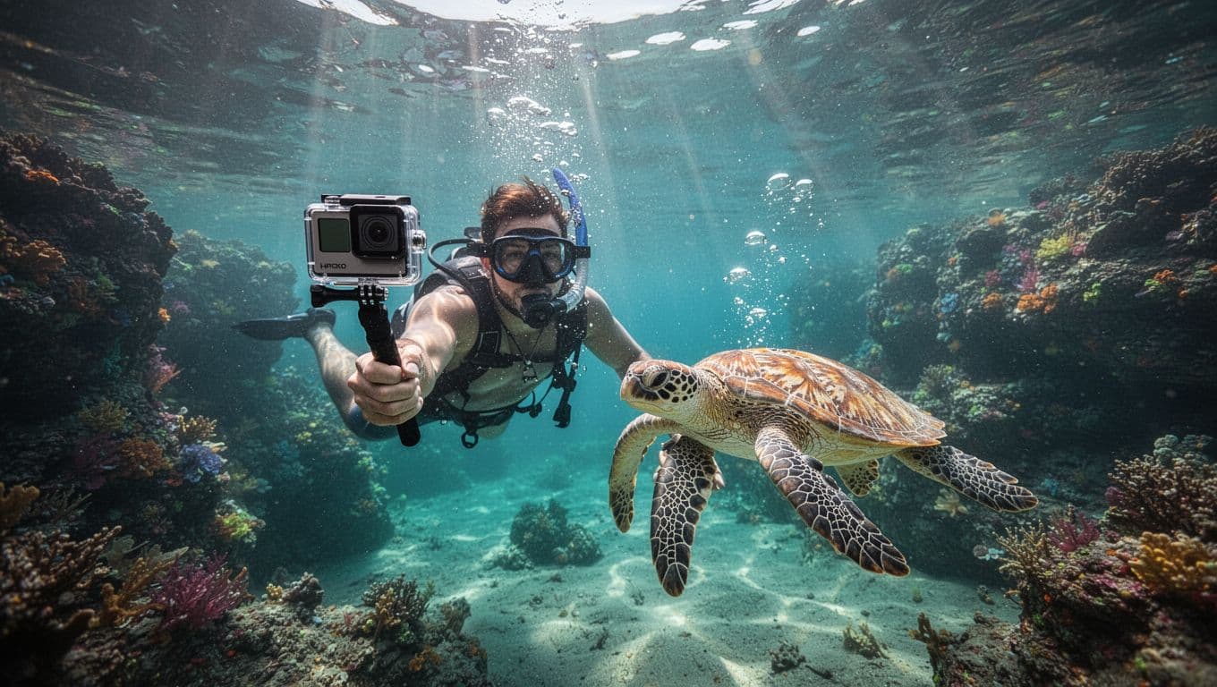 A snorkeler in crystal-clear turquoise water at Turtle Canyon extends a GoPro on a selfie stick toward a Hawaiian green sea turtle, with bubbles, coral reef, and dramatic sunlight rays.