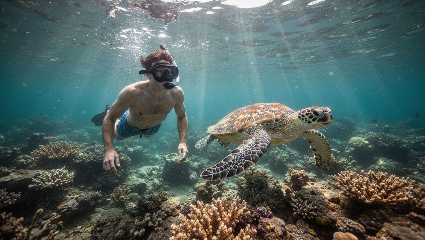 Snorkeler swims beside Hawaiian green sea turtle in turquoise water over coral reef with sunlight rays.