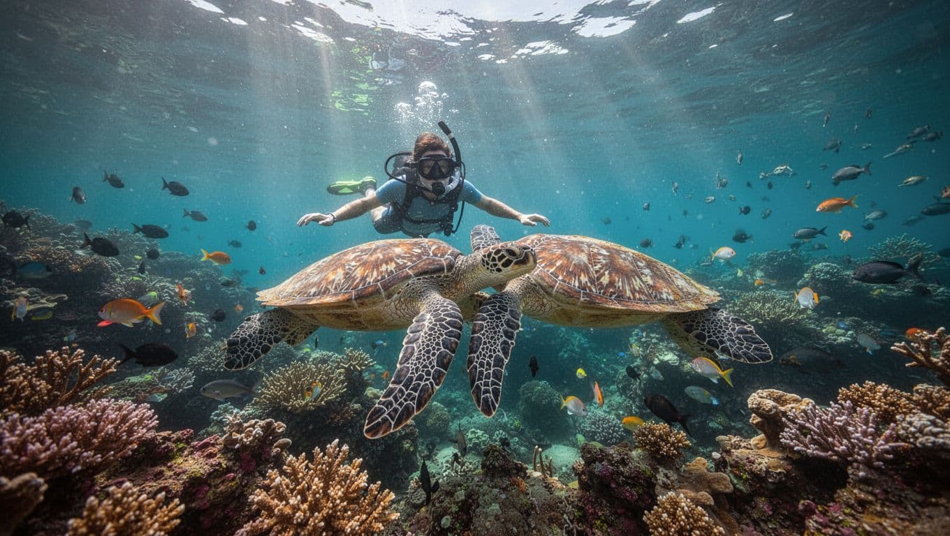 Solo snorkeler swims near green sea turtle amid corals and fish in sunlit turquoise water.