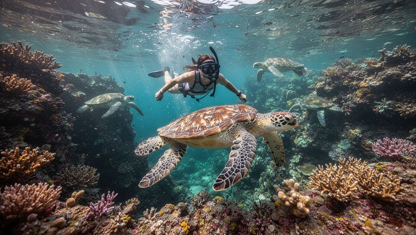 A snorkeler swims in crystal-clear turquoise waters near Hawaiian green sea turtles at an underwater canyon reef, with vibrant coral and sunlight filtering through, dynamic scene from below.