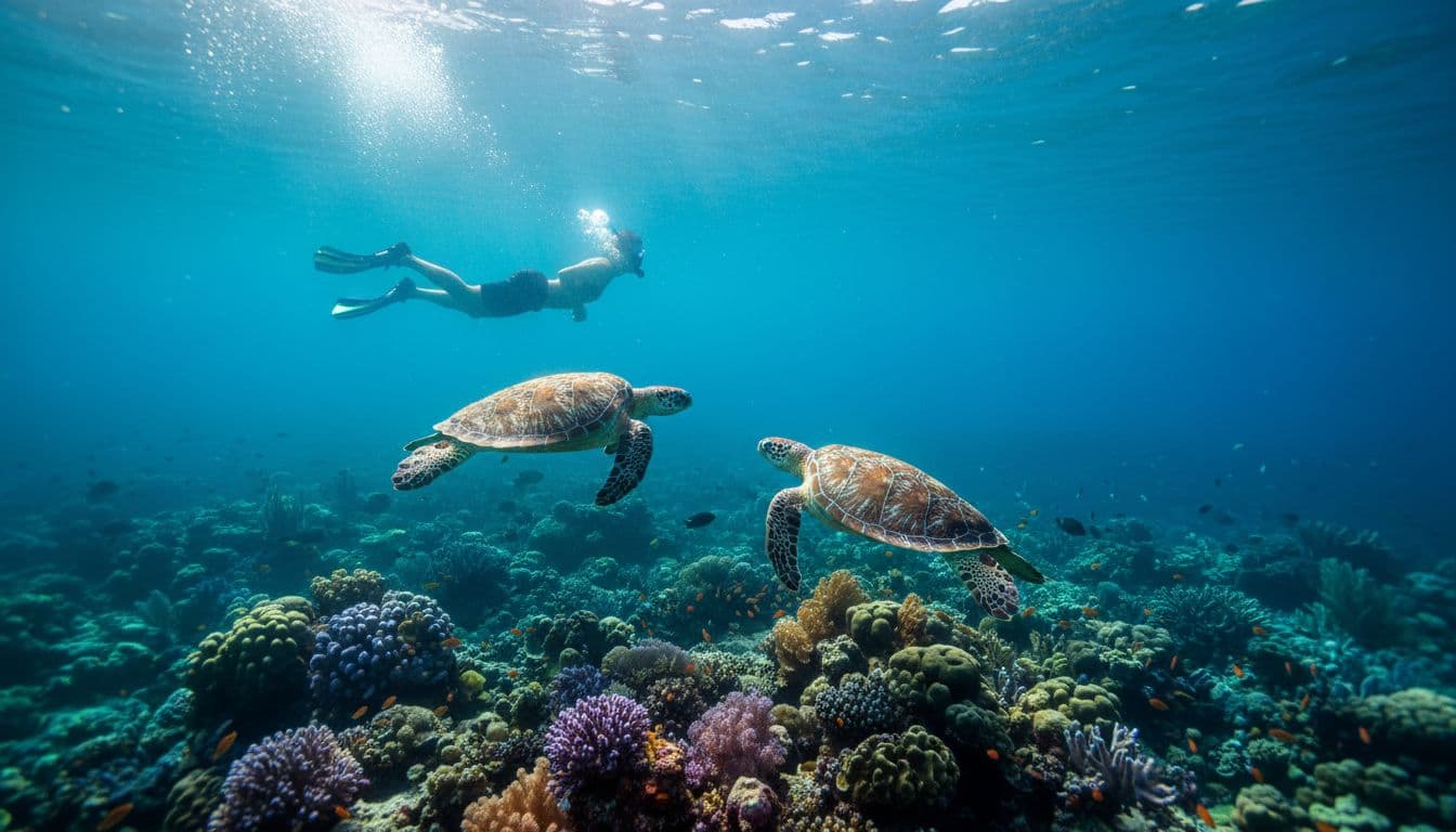 Snorkeler swims near two green sea turtles in turquoise waters above coral reef.
