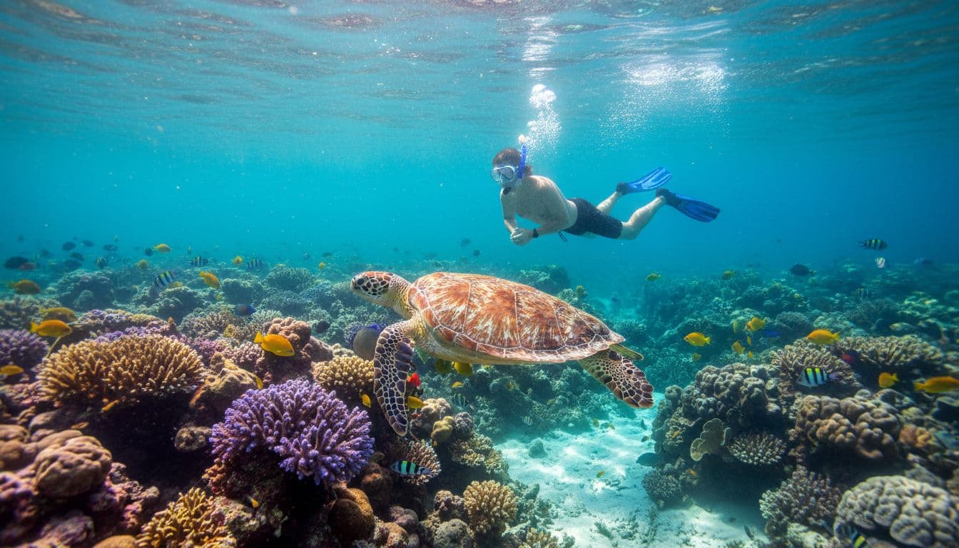 Snorkeler swims near Hawaiian green turtle at coral reef cleaning station in clear waters with sunlight and bubbles.