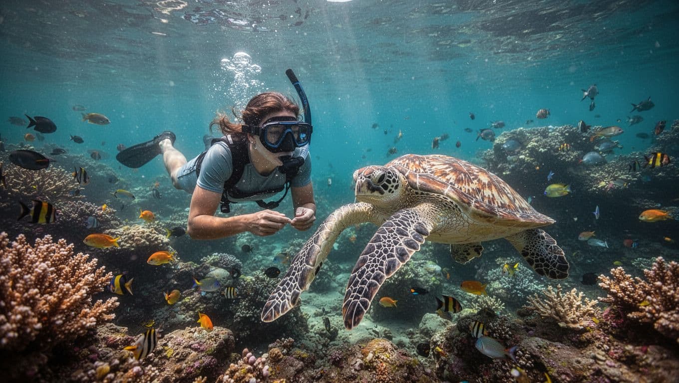 Snorkeler floats face-down viewing nearby Hawaiian green sea turtle amid vibrant coral and fish in turquoise water.