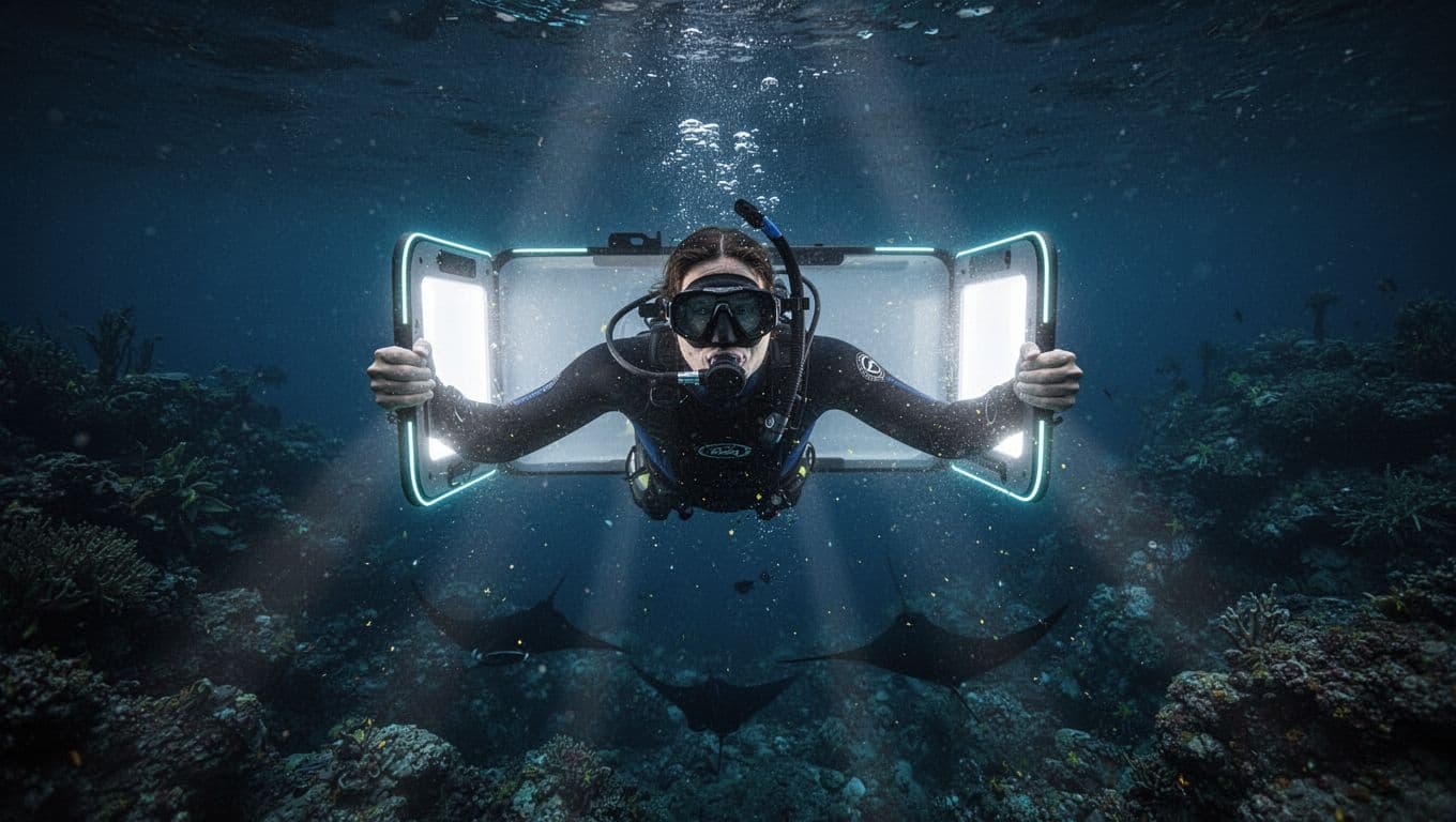 Snorkeler in dark wetsuit holds rectangular glowing light board at night ocean surface, beams attract plankton and manta rays below.