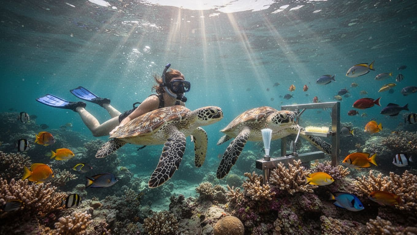 A snorkeler in mask and fins glides relaxed in clear turquoise water beside a Hawaiian green sea turtle at a vibrant coral reef cleaning station, with sunbeams filtering through and colorful tropical fish nearby.