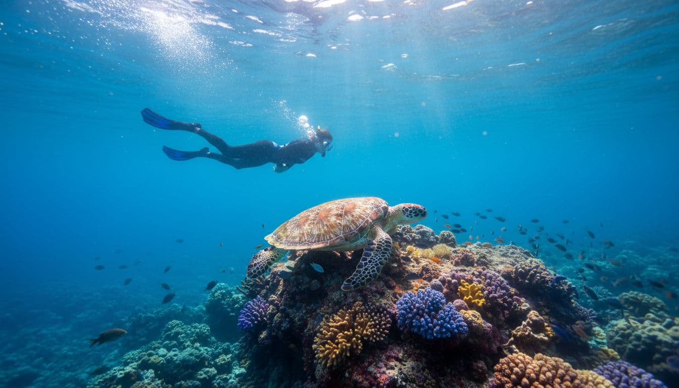 Snorkeler swims near Hawaiian green sea turtle by rocky reefs in turquoise water with sun rays.