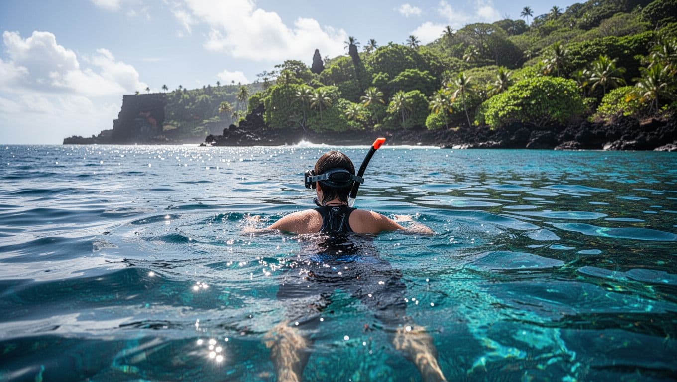 A person snorkeling on the surface of bright blue ocean water near a tropical shore.