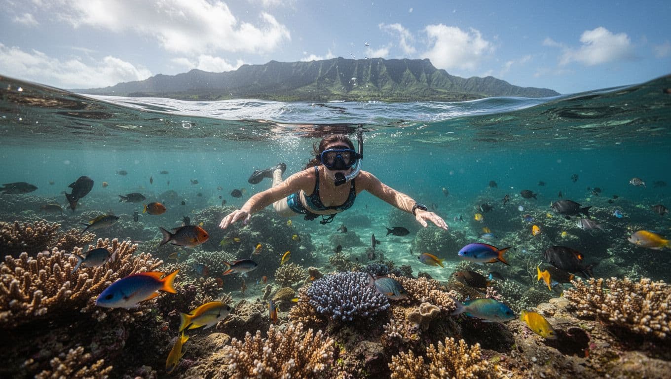 A snorkeler in calm turquoise waters near Kaneohe Bay, Oahu, views vibrant coral reefs and fish underwater in cinematic style with dramatic lighting.