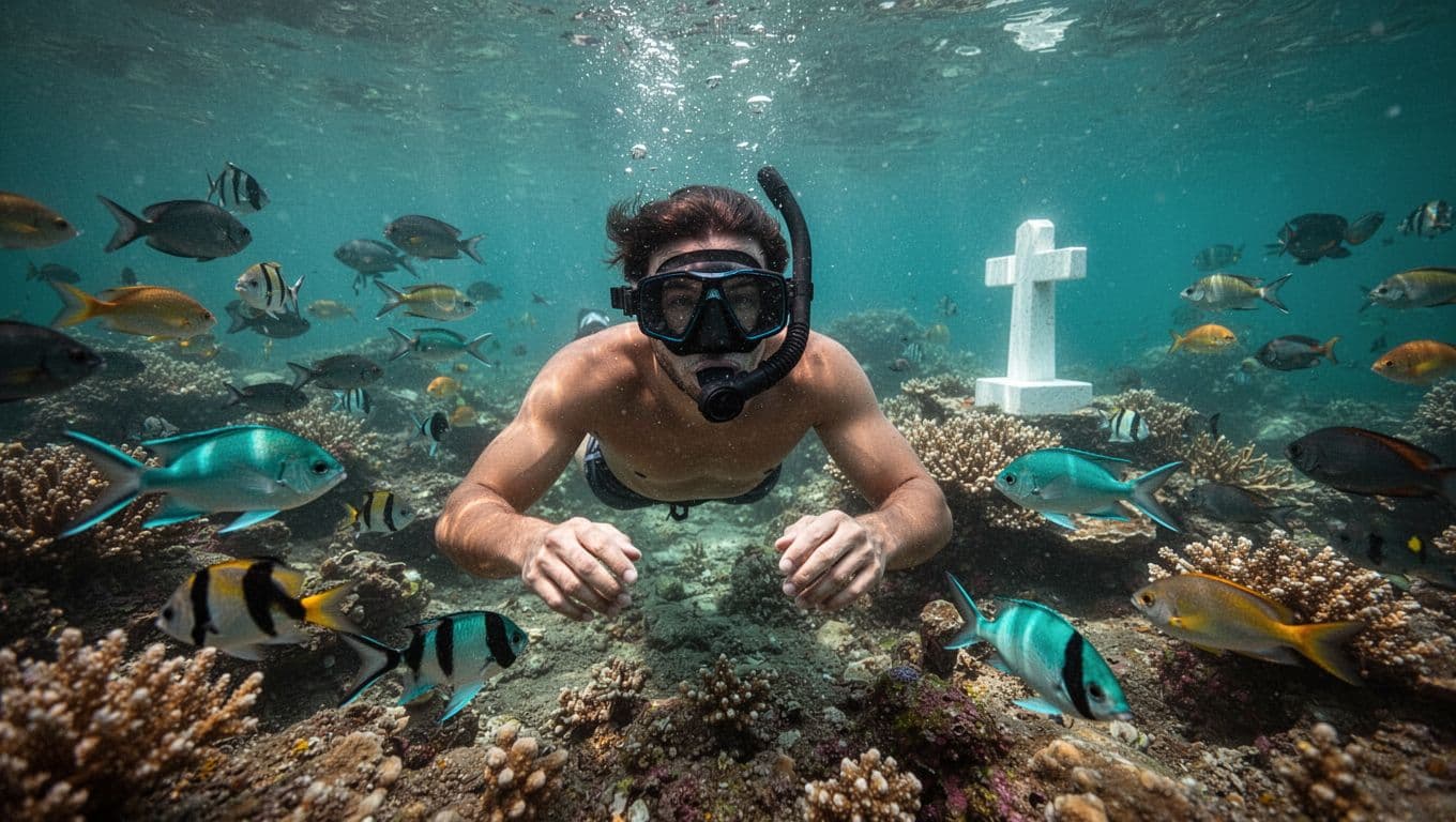 A snorkeler views vibrant coral reefs and schools of tropical fish in clear turquoise waters near the Captain Cook Monument in Kealakekua Bay, Big Island, Hawaii, with dramatic underwater lighting.