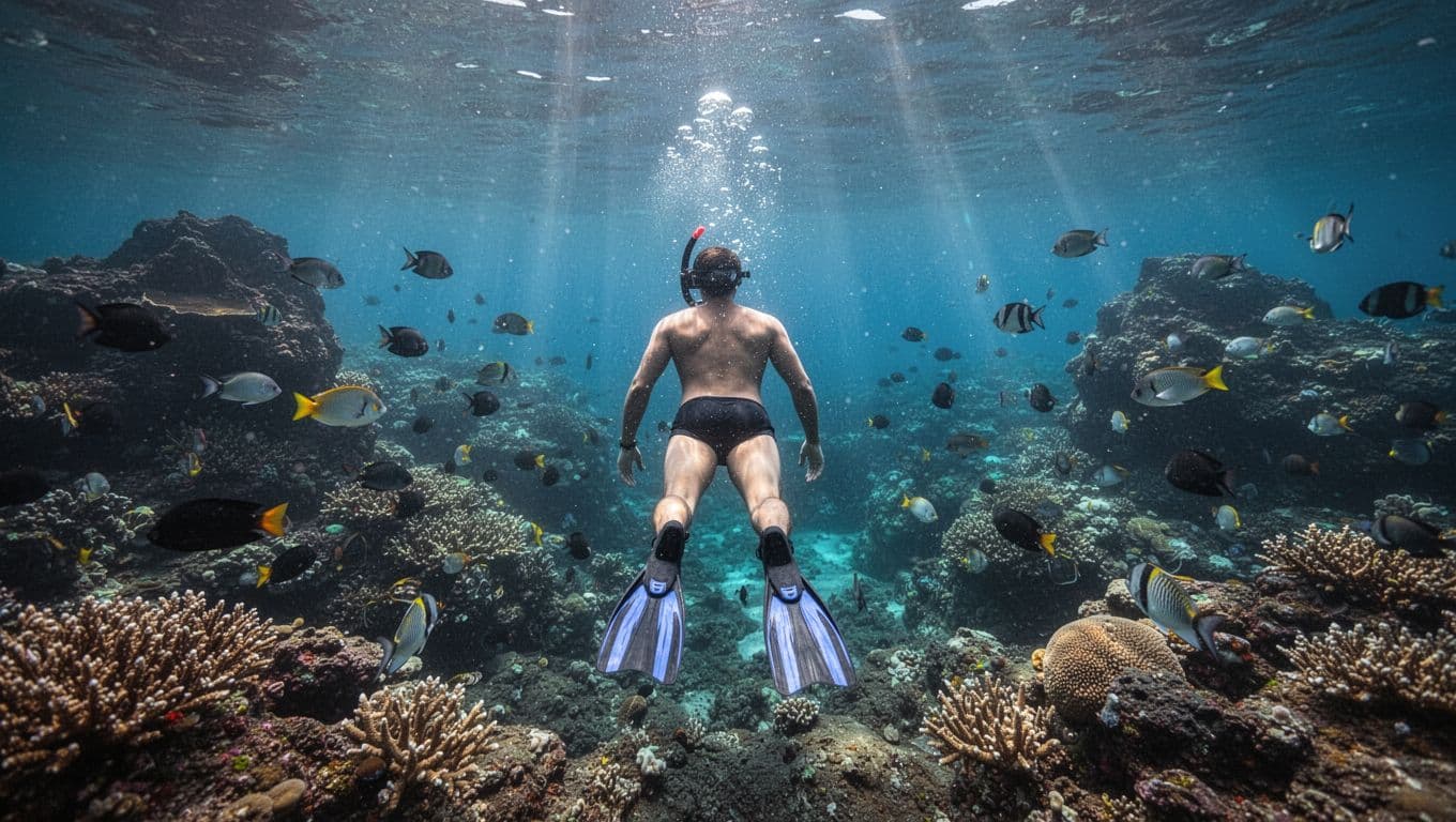 Snorkeler from behind views colorful coral reef and fish in clear blue Kealakekua Bay water with sunlight beams and volcanic rocks.