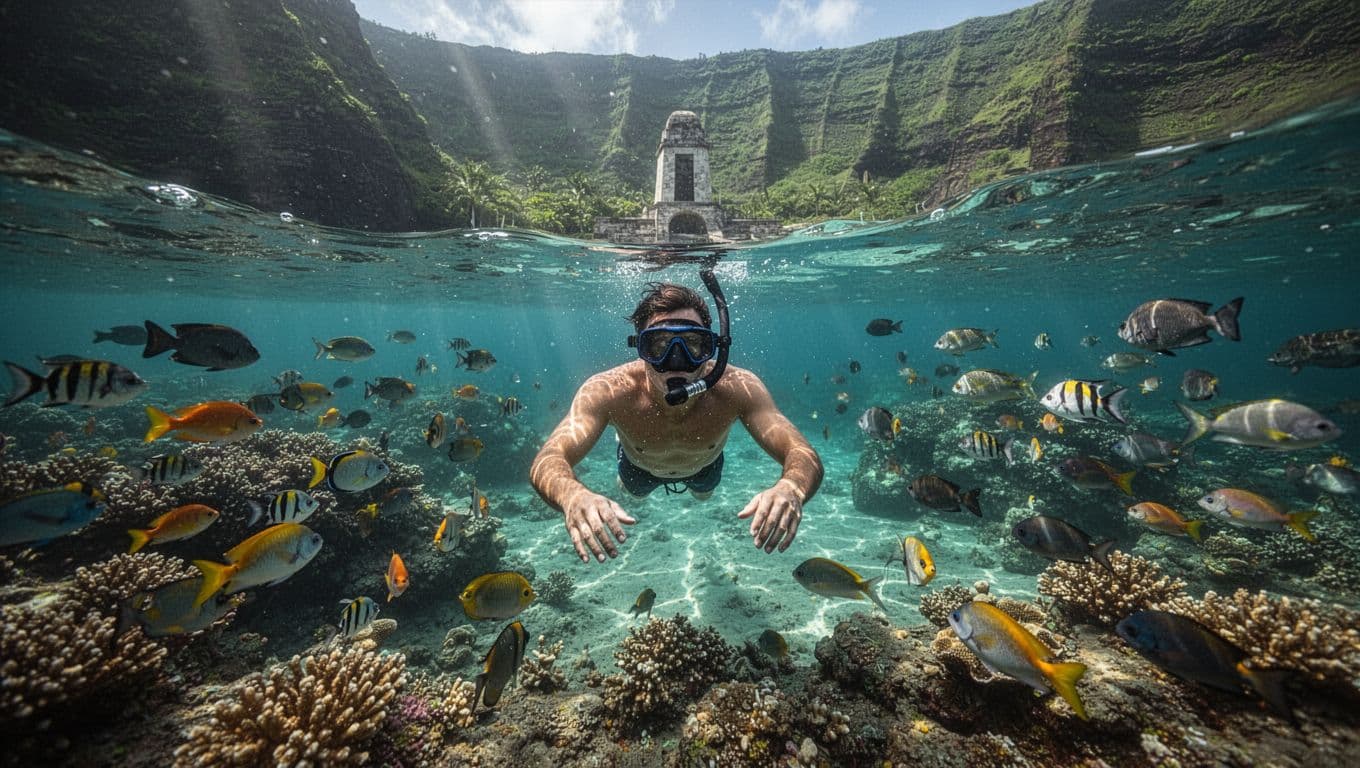 A snorkeler glides through vibrant coral reefs teeming with tropical fish in crystal-clear turquoise waters of Kealakekua Bay, with the distant Captain Cook monument on green cliffs visible through the surface amid dramatic sun rays.