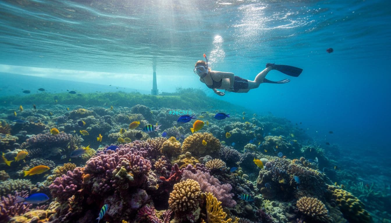 Snorkeler swims above colorful coral reef in Kealakekua Bay, Captain Cook monument on distant shore.