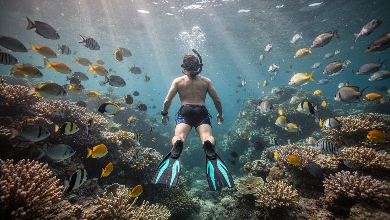Underwater view of a snorkeler from behind exploring vibrant coral reef at Kealakekua Bay near Captain Cook Monument, with schools of colorful tropical fish and sunlight rays filtering through clear blue water in cinematic style.