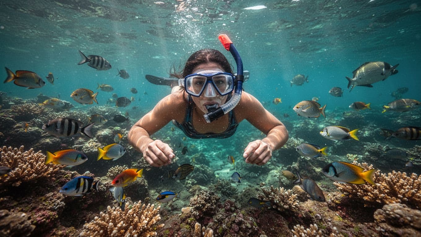 Snorkeler swimming above a vibrant coral reef teeming with colorful tropical fish in crystal-clear turquoise waters of Kealakekua Bay, Hawaii, captured from the snorkeler's perspective.