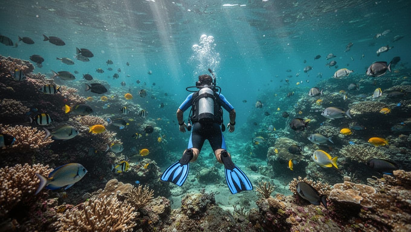 A snorkeler explores a vibrant coral reef with tropical fish in crystal-clear turquoise waters of Kealakekua Bay, Hawaii, with sunlight rays creating dramatic light.